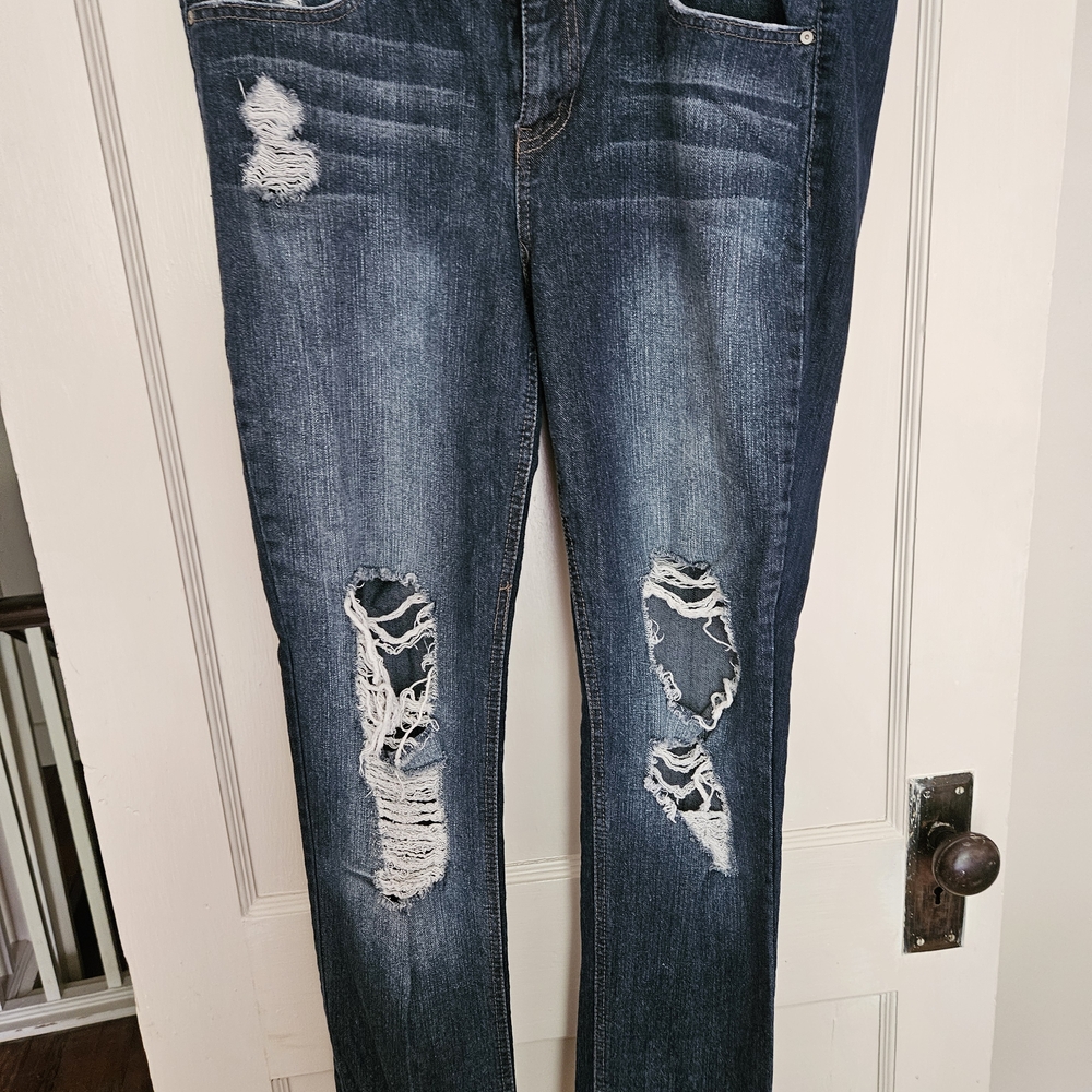 Rewash Dark Blue Distressed Straight Leg Jeans